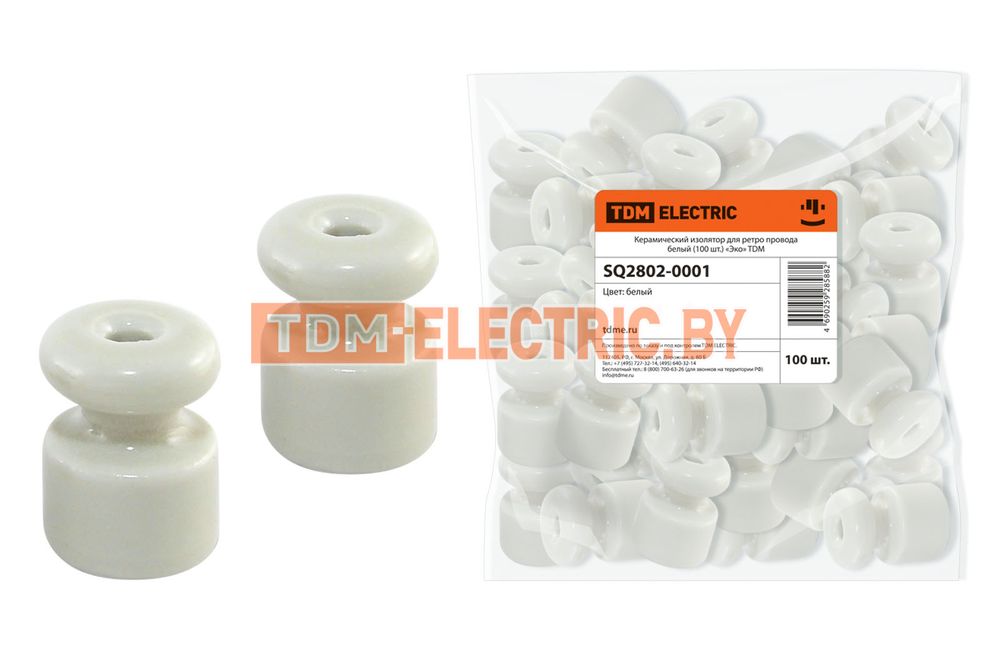 Керамический изолятор для ретро провода белый (100шт) "Эко" TDM .  TDM Electric