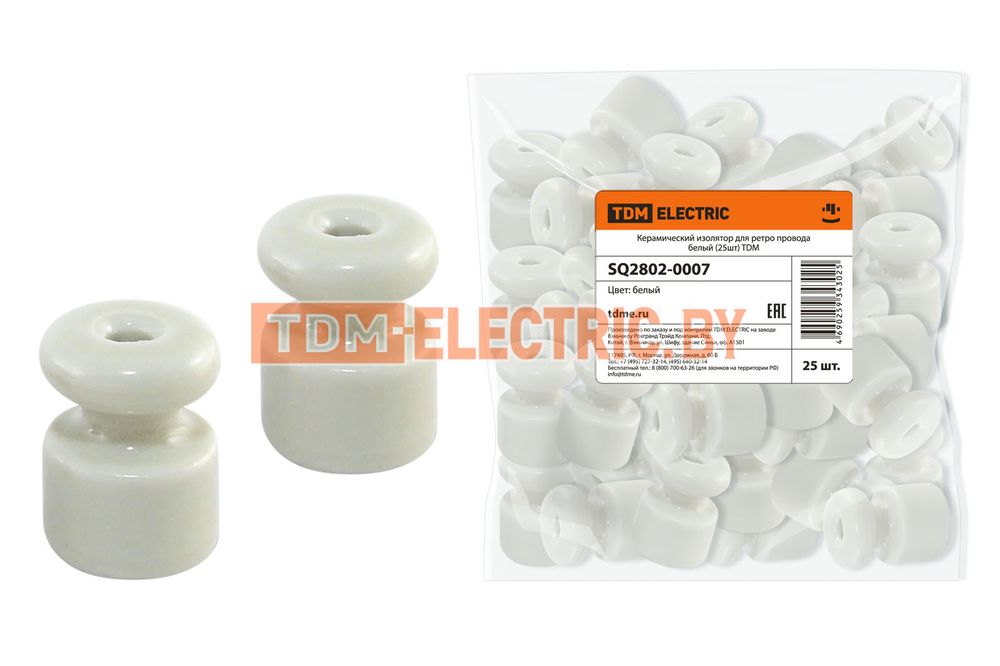 Керамический изолятор для ретро провода белый (25шт) TDM  TDM Electric