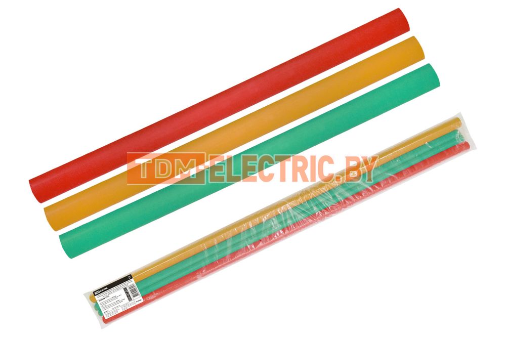 Трубки термоусаживаемые не распространяющие горение, с клеевым слоем, набор 3 цвета (красный, желтый, зеленый) по 3 шт., длиной 1,0 м ТТкНГ(3:1)-30/10 TDM  TDM Electric