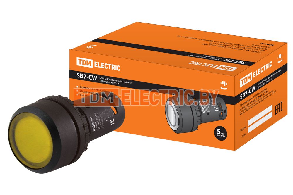 Кнопка SB7-CW3565-220V(LED) d22мм 1з+1р желтая TDM  TDM Electric