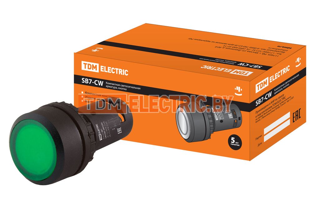 Кнопка с фиксацией SB7-CWL3365-220V(LED) d22мм 1з+1р зеленая TDM  TDM Electric
