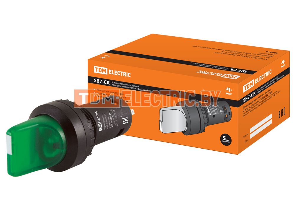 Переключатель на 2 положения с фиксацией SB7-CK2365-24V короткая ручка(LED) d22мм 1з+1р зеленый TDM  TDM Electric