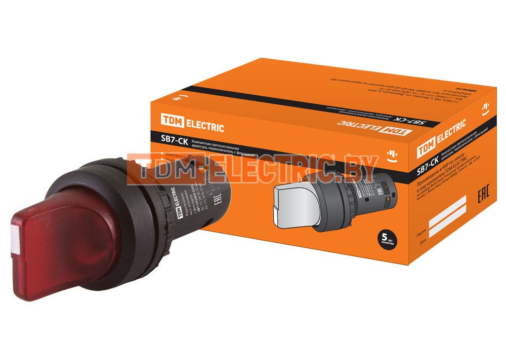 Переключатель на 2  положения с фиксацией SB7-CK2465-220V короткая ручка(LED) d22мм 1з+1р красный TDM  TDM Electric