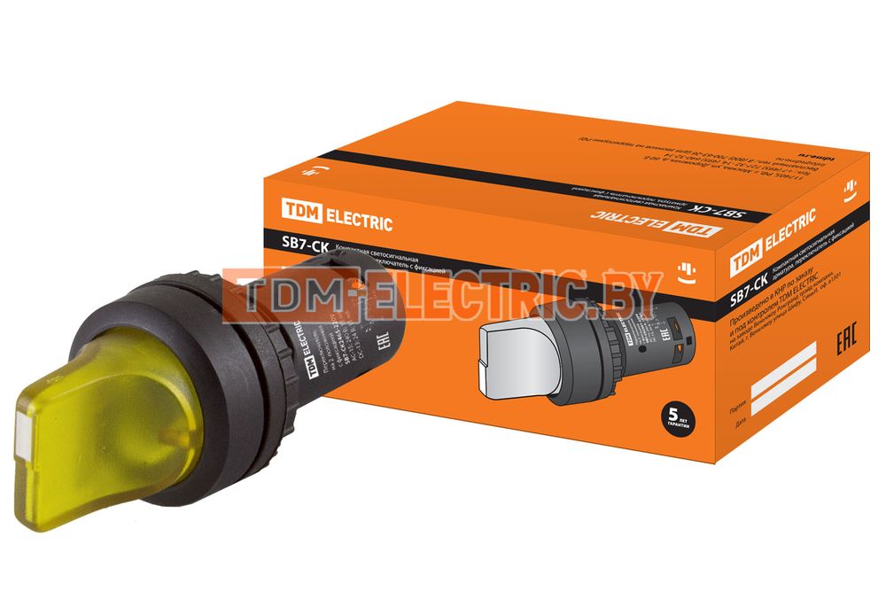 Переключатель на 2  положения с фиксацией SB7-CK2565-220V короткая ручка(LED) d22мм 1з+1р желтый TDM  TDM Electric