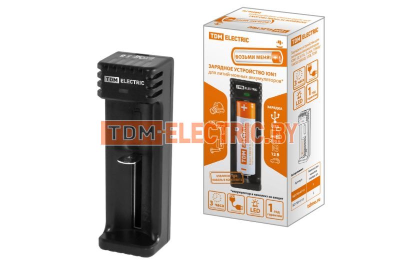 Зарядное устройство для литиевых аккумуляторов ION1 (0.5/1A, 1 слот, 10440/18650/26650), USB, TDM  TDM Electric