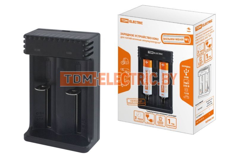 Зарядное устройство для литиевых аккумуляторов ION2 (0.5/1A, 2 слота, 10440/18650/26650), USB, TDM  TDM Electric