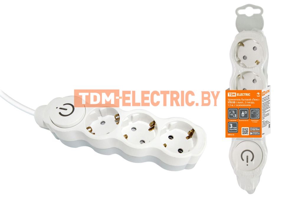 Удлинитель бытовой "Люкс" УЛ03В выкл, 3 гнезда, 3м, с/з, с з/ш, ПВС 3х1мм2 16А/250В бело-серый TDM  TDM Electric