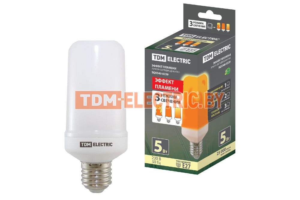 Лампа светодиодная  Эффект пламени  Т65-5 Вт-230 В-1500 К-E27 (65х138) TDM SQ0340-0339 TDM Electric