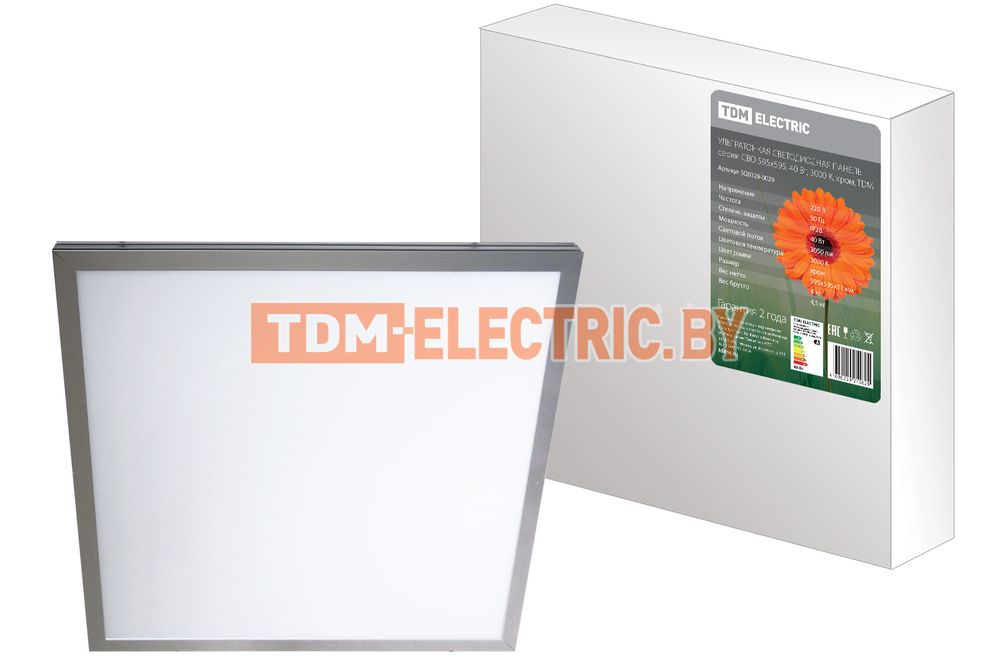 Ультратонкая светодиодная панель серии СВО 595х595, 40 Вт, 3000 К, хром, TDM  TDM Electric