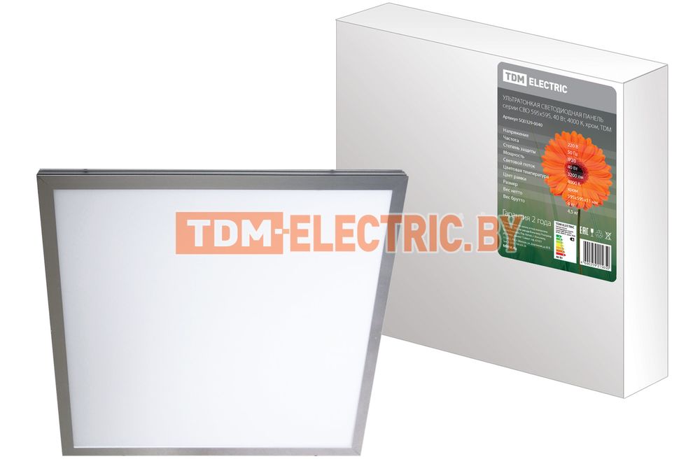 Ультратонкая светодиодная панель серии СВО 595х595, 40 Вт, 4000 К, хром, TDM  TDM Electric