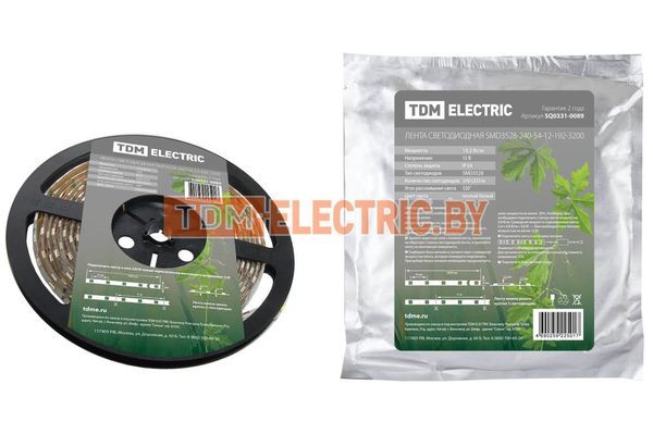 Лента светодиодная SMD3528-240-54-12-192-3200 240LED/м, IP54, 12В, 19,2Вт, 3200К, TDM-SQ0331-0089