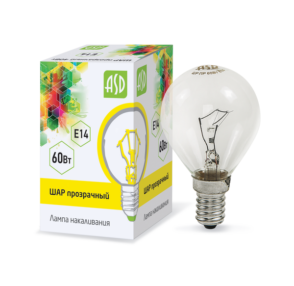 Лампа нак ШАР P45 60Вт 230В Е14 прозрачный 630Лм ASD