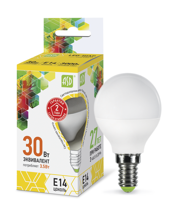 Лампа сд LED-ШАР-std 3.5Вт 230В Е14 3000К 320Лм ASD