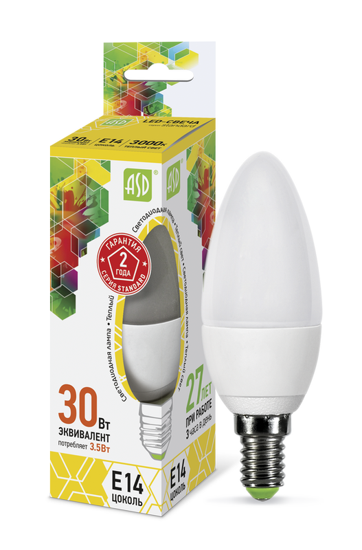Лампа сд LED-СВЕЧА-std 3.5Вт 230В Е14 3000К 320Лм ASD