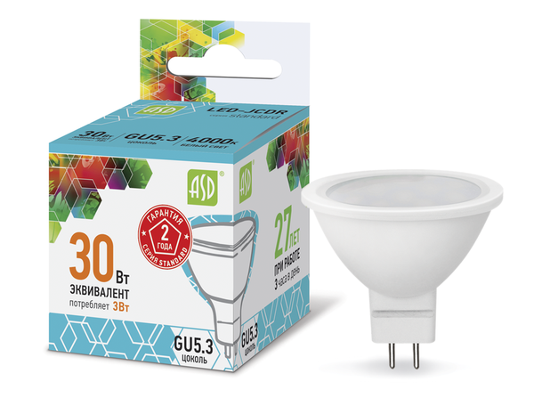 Лампа сд LED-JCDR-std 3Вт 230В GU5.3 4000К 270Лм ASD