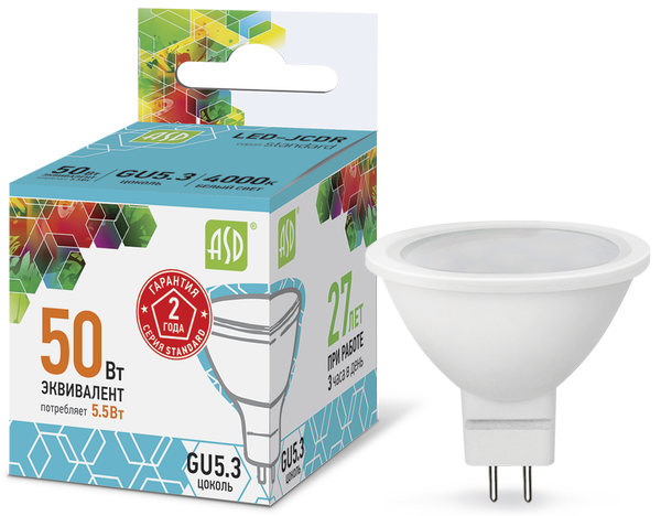 Лампа сд LED-JCDR-std 5.5Вт 230В GU5.3 4000К 495Лм ASD