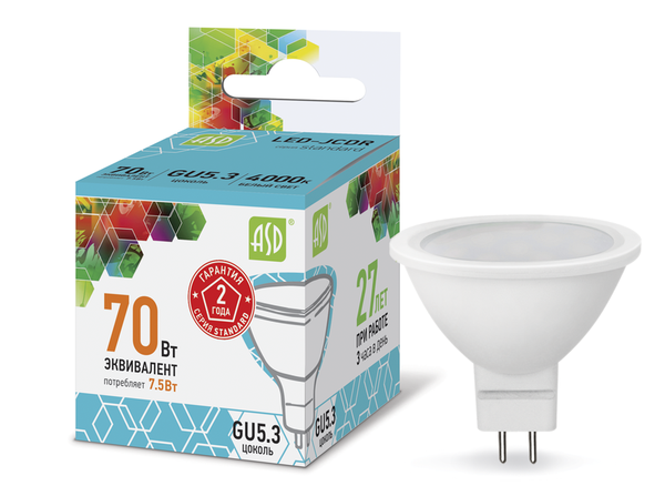 Лампа сд LED-JCDR-std 7.5Вт 230В GU5.3 4000К 675Лм ASD