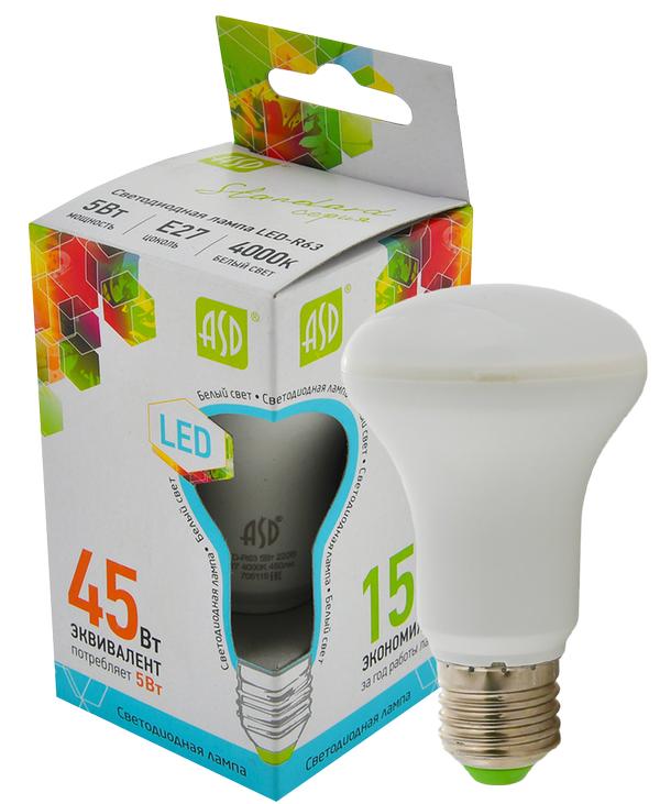 Лампа сд LED-R63-std 5Вт 230В Е27 4000К 450Лм ASD