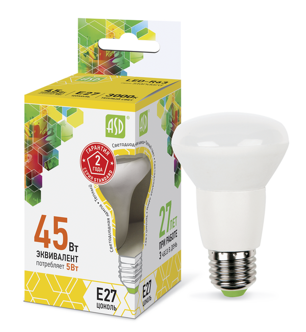 Лампа сд LED-R63-std 5Вт 230В Е27 3000К 450Лм ASD