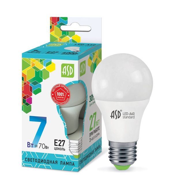 Лампа сд LED-A60-std 7Вт 230В Е27 4000К 630Лм ASD