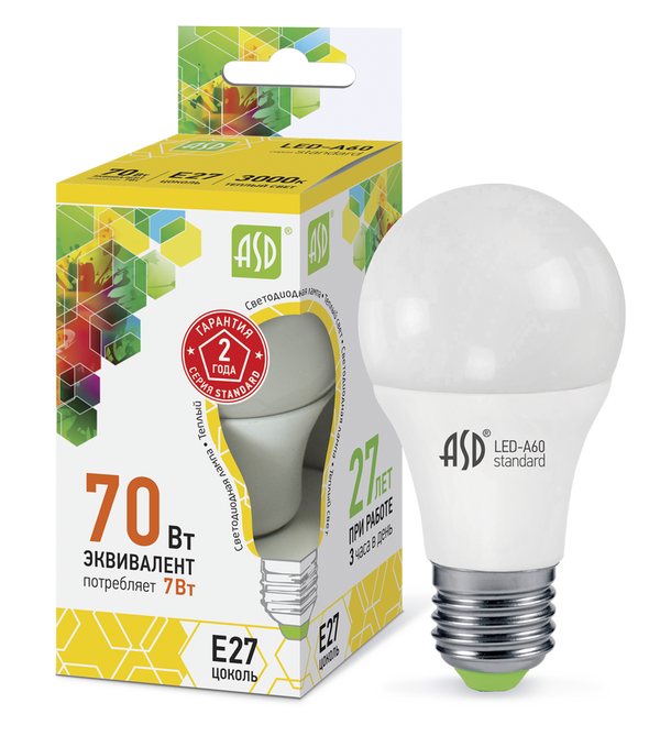 Лампа сд LED-A60-std 7Вт 230В Е27 3000К 630Лм ASD