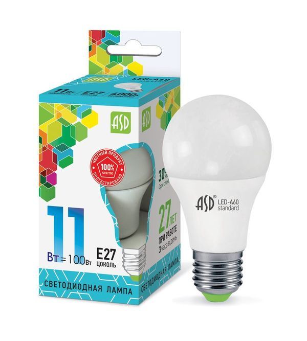 Лампа сд LED-A60-std 11Вт 230В Е27 4000К 990Лм ASD