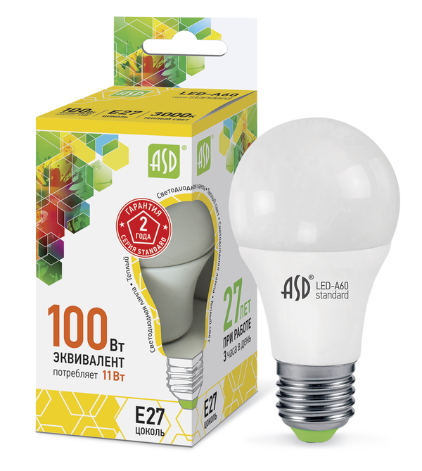 Лампа сд LED-A60-std 11Вт 230В Е27 3000К 990Лм ASD