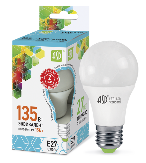 Лампа сд LED-A60-std 15Вт 230В Е27 4000К 1350Лм ASD
