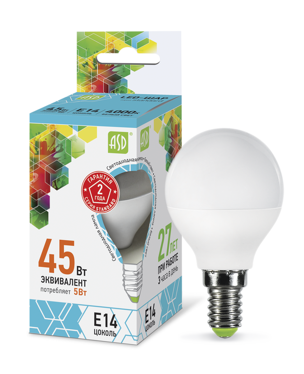 Лампа сд LED-ШАР-std 5Вт 230В Е14 4000К 450Лм ASD