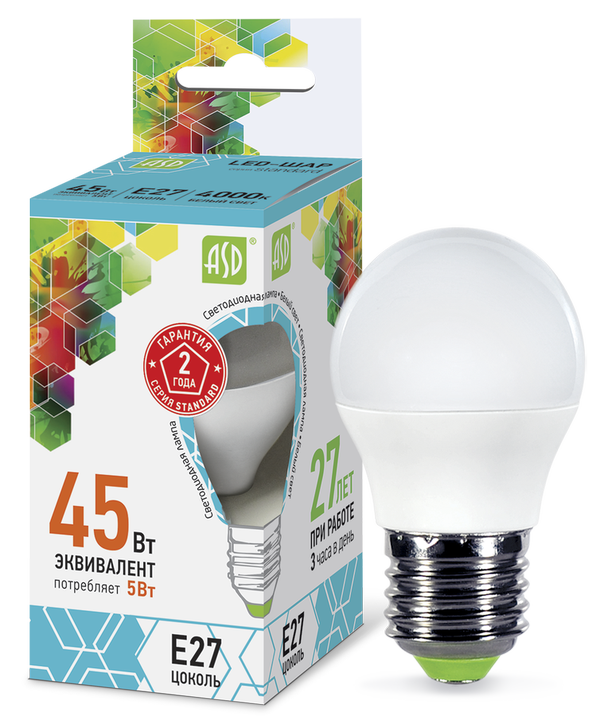 Лампа сд LED-ШАР-std 5Вт 230В Е27 4000К 450Лм ASD