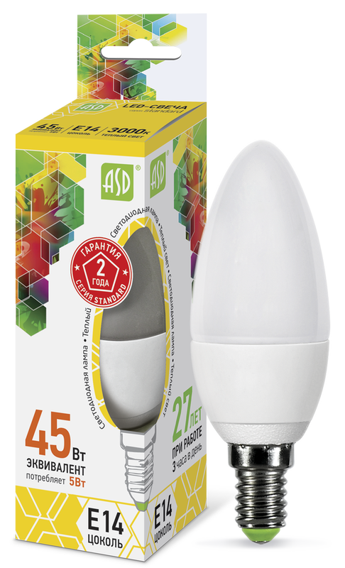 Лампа сд LED-СВЕЧА-std 5Вт 230В Е14 3000К 450Лм ASD