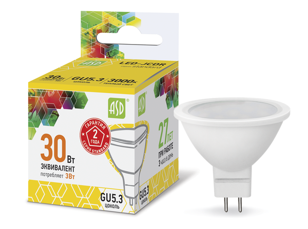 Лампа сд LED-JCDR-std 3Вт 230В GU5.3 3000К 270Лм ASD