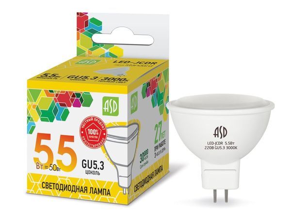 Лампа сд LED-JCDR-std 5.5Вт 230В GU5.3 3000К 495Лм ASD