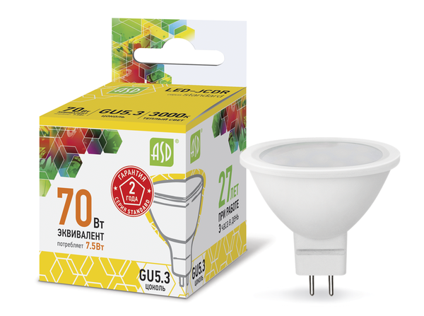 Лампа сд LED-JCDR-std 7.5Вт 230В GU5.3 3000К 675Лм ASD