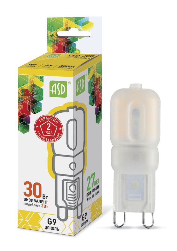 Лампа сд LED-JCD-std 3Вт 230В G9 3000К 270Лм ASD