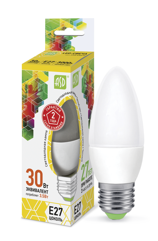 Лампа сд LED-СВЕЧА-std 3.5Вт 230В Е27 3000К 320Лм ASD