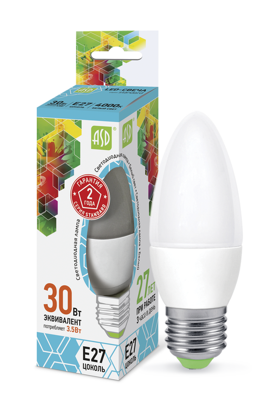 Лампа сд LED-СВЕЧА-std 3.5Вт 230В Е27 4000К 320Лм ASD