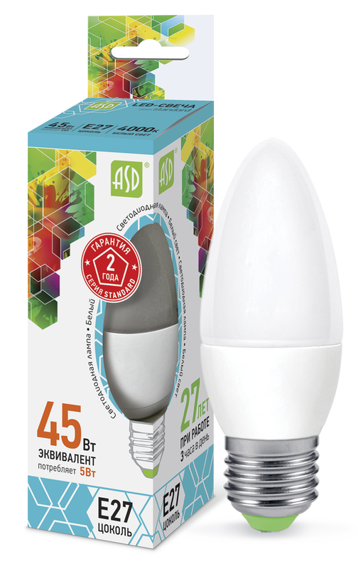 Лампа сд LED-СВЕЧА-std 5Вт 230В Е27 4000К 450Лм ASD