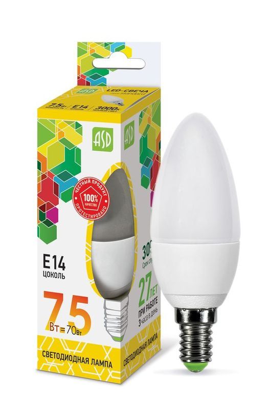 Лампа сд LED-СВЕЧА-std 7.5Вт 230В Е14 3000К 675Лм ASD