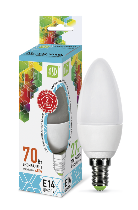 Лампа сд LED-СВЕЧА-std 7.5Вт 230В Е14 4000К 675Лм ASD