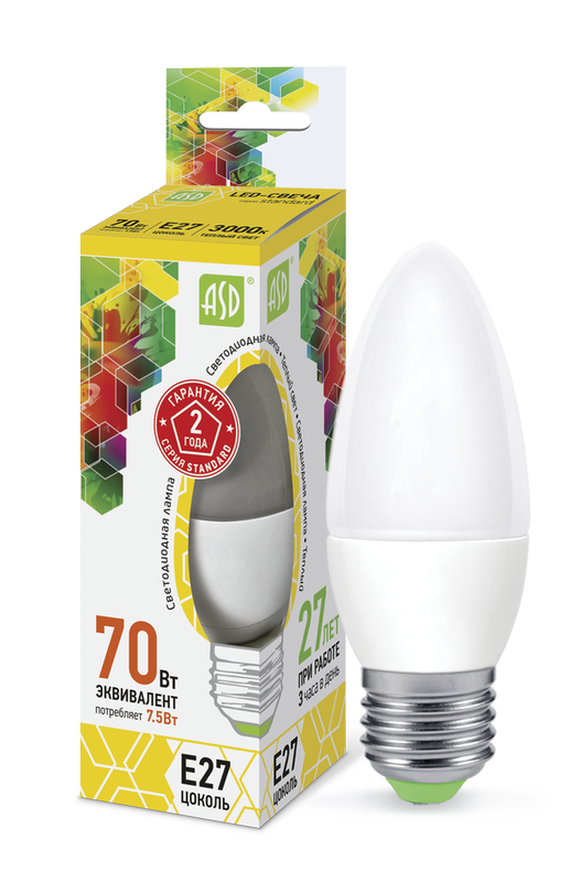 Лампа сд LED-СВЕЧА-std 7.5Вт 230В Е27 3000К 675Лм ASD