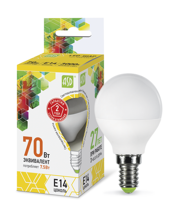 Лампа сд LED-ШАР-std 7.5Вт 230В Е14 3000К 675Лм ASD