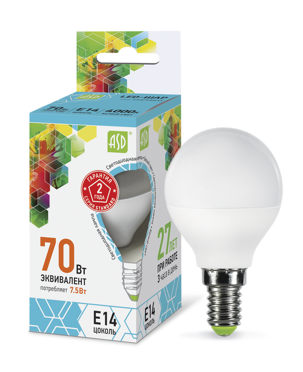 Лампа сд LED-ШАР-std 7.5Вт 230В Е14 4000К 675Лм ASD