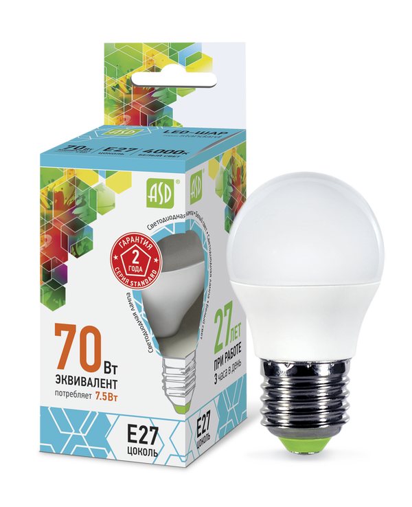 Лампа сд LED-ШАР-std 7.5Вт 230В Е27 4000К 675Лм ASD