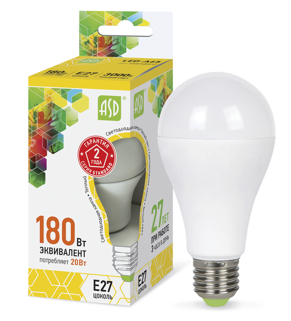 Лампа сд LED-A60-std 20Вт 230В Е27 3000К 1800Лм ASD