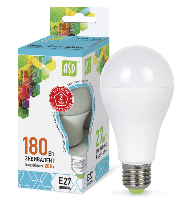 Лампа сд LED-A60-std 20Вт 230В Е27 4000К 1800Лм ASD