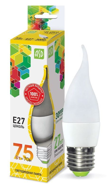 Лампа сд LED-СВЕЧА НА ВЕТРУ-std 7.5Вт 230В Е27 3000К 675Лм ASD