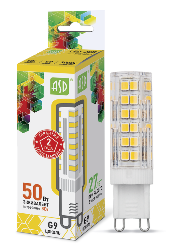 Лампа сд LED-JCD-std 5Вт 230В G9 3000К 450Лм ASD