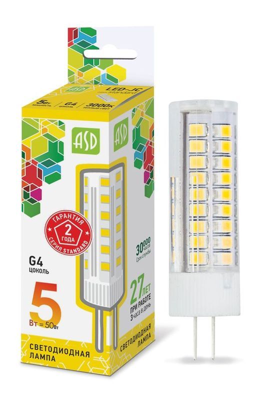Лампа сд LED-JC-std 5Вт 12В G4 3000К 450Лм ASD