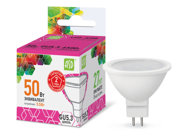 Лампа сд LED-JCDR-std 5.5Вт 230В GU5.3 6500К 495Лм ASD